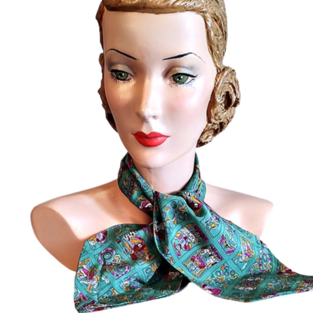 1950s Vintage Green Novelty Print Cold Rayon Long Scarf With Renaissance People